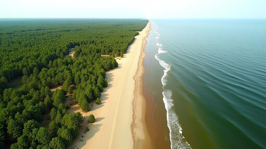 Naglio kopagūbrio vaizdas iš viršaus, žaliuojanti pušų grūdis, horizonte Baltijos jūra