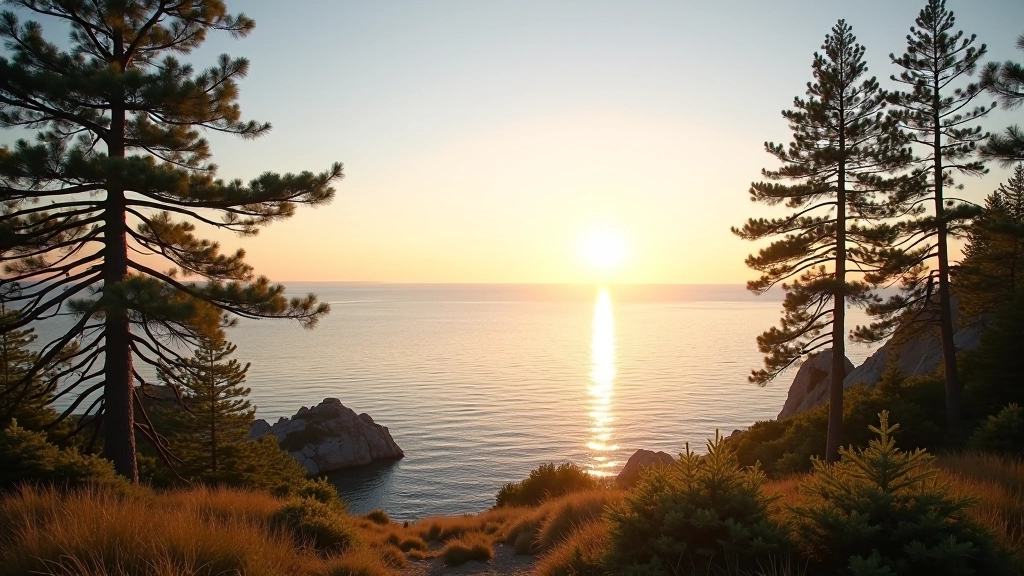 Baltijos jūra horizonte, pušys krūvoje, žemyna perspektyva, rami jūra